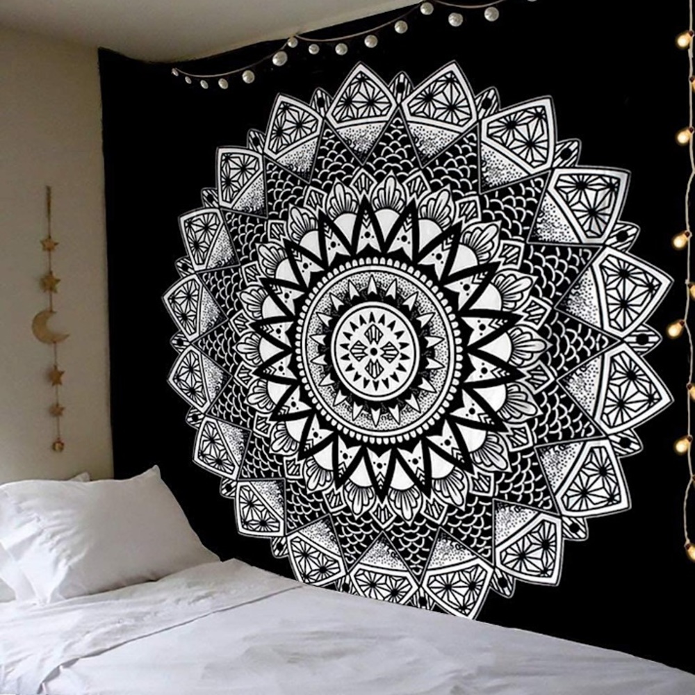 Hippie Indie Black/White Retro Abstract Patterned Floral Wall Art Tapestry